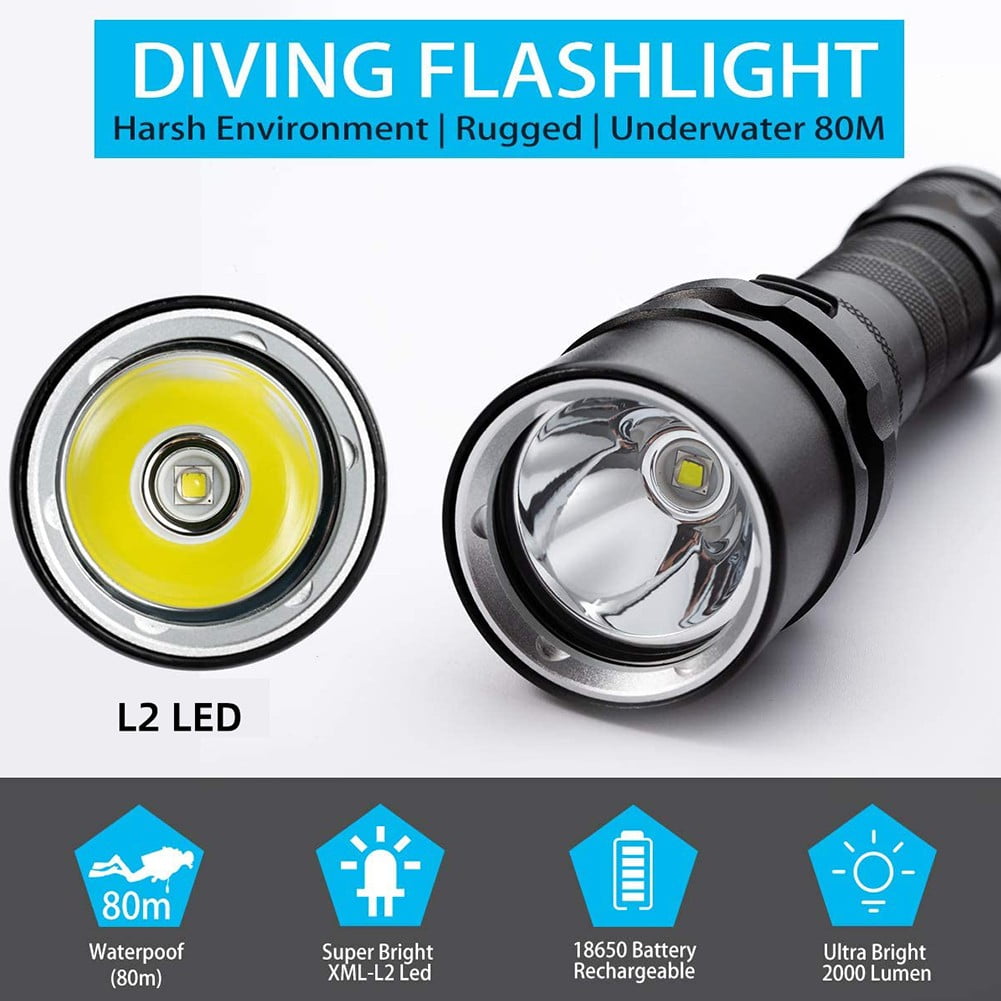 Sportact Diving Flashlight Torch L2 LED Light Waterproof 50M Deep Underwater Lamp,Scuba Gear,Snorkeling Gear For Adults,Surfing