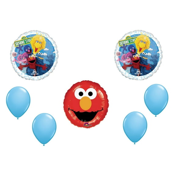 Sesame Theme Balloon Set; Standard Sesame Street Balloon, 18" Sesame Street Elmo Smiles Balloon and 4x latex balloons