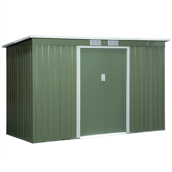 Outsunny 9' x 4' Metal Storage Shed, Garden Tool House with Floor Foundation, Double Sliding Doors, Air Vents for Backyard, Patio, Lawn, Green