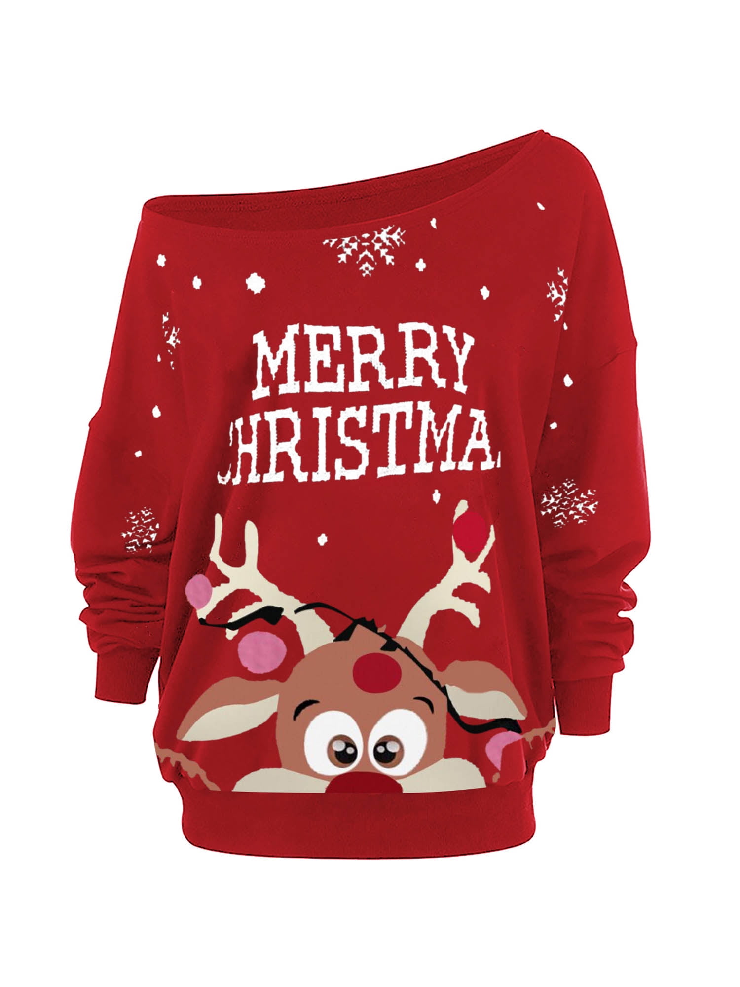 Womens Ladies Christmas Baggy Big Nose Reindeer Oversized Batwing Tee T Shirt 