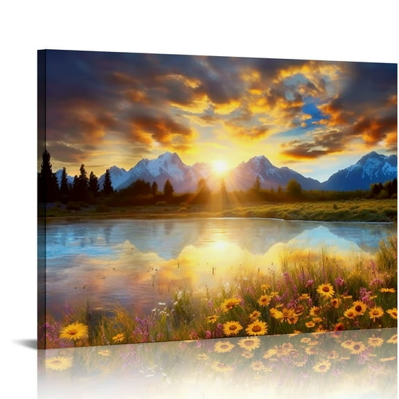Fenyluxe Art Modern Canvas Prints Sunset Lake Wildflowers Wall Decor Ready To Hang Home Art Decor Print On Canvas 16x12in