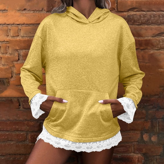 BRGZLK Womens Lace Trim Hoodie Casual Patchwork Hooded Long Sleeve Pullover Regular Sweatshirt Lightweight Cute Top with Pocket Yellow S
