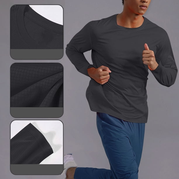 pstuiky camisas de manga larga para hombre, Camiseta informal de manga larga con cuello redondo para hombre, color liso, transpirable, para correr y hacer ejercicio top de hombre s