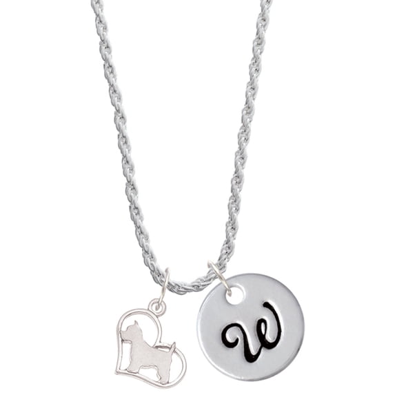 Delight Jewelry Silvertone Westie Silhouette Heart Silvertone Script Initial Disc - W - Charm Necklace, 20"+3"