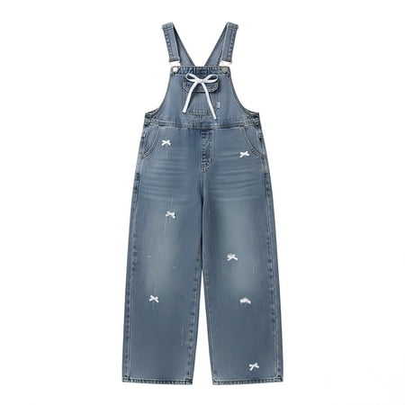 EnJoCho Girls Jeans Bowknot Decoration Straight Wide Leg Bib Overalls Casual Versatile Adjustable Straps Denim Jumpsuits With Pockets Toddler Girl Jean Overalls