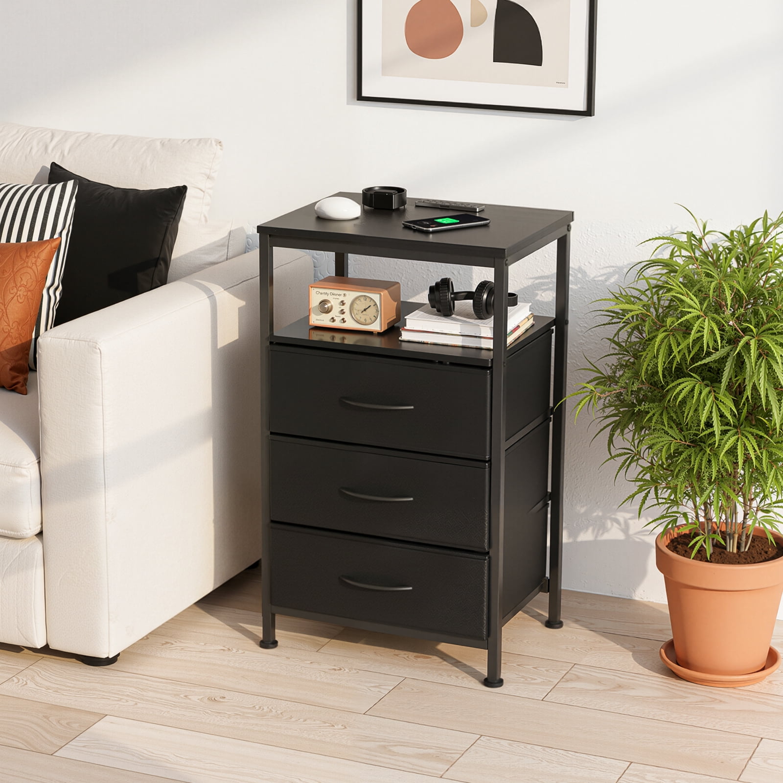 JIOABL 3 Drawer Nightstand with USB & Type-C Charging, Fabric Drawers, Metal Frame, Black