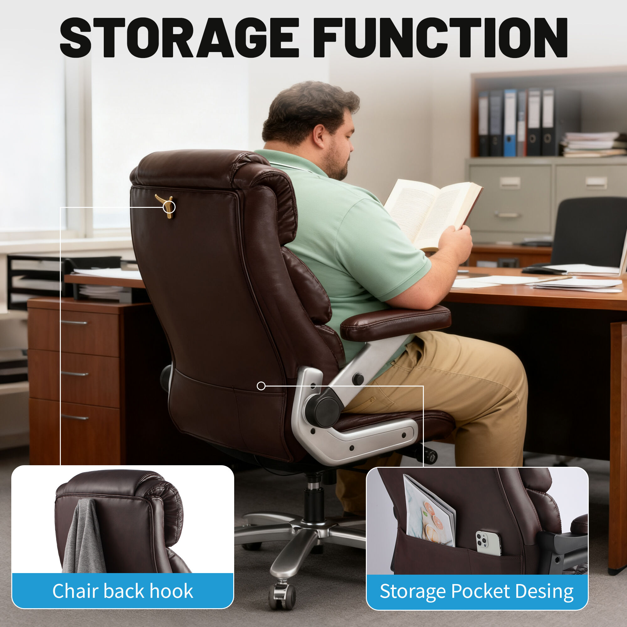 800LBS High Capacity Office Chair for Various Body Types with High Back, Wide Seat and Adjustable Lumbar Support, Computer Desk Chair with Multi-Angle Adjustable Flip Arms for Home Office