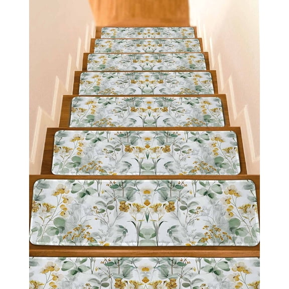 Sage Green Eucalyptus Stair Treads Non Slip Indoor for Wooden Steps, Spring Floral Botanical Farmhouse 7 Pcs Stair Mats for Elders Dogs, 8 x 30 Inch Carpet Treads Runner Rugs for Staircase