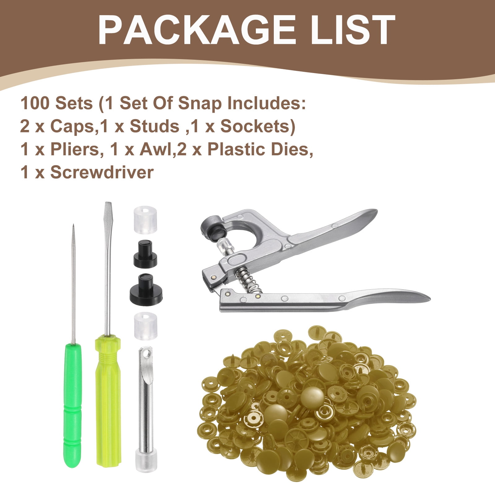 Uxcell Plastic Snaps Fasteners with Snap Pliers, 100 Set T8 Round Resin No-Sew Button Snap Fasteners Kit Coffee