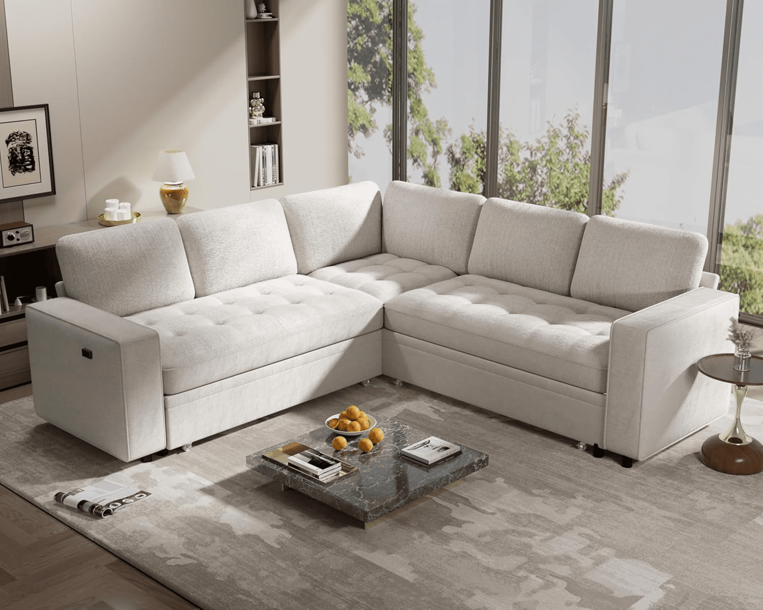 Modular Sectional Sleeper Sofa with Pull-Out Bed, L-Shaped Chenille Couch, USB Ports, Adjustable Backrest & Storage Seats, Tool-Free Assembly – Comfortable & Stylish Living Room Furniture