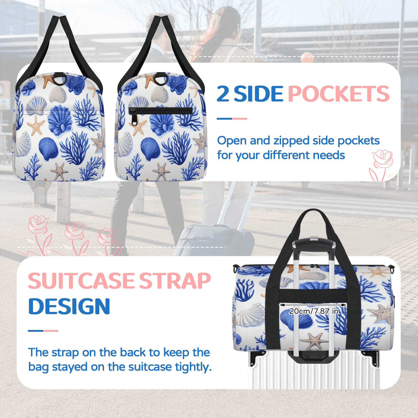 Herdesigns Starfish and Seashells Travel Duffle Bag Sports Yoga Weekender Overnight Carry on Workout Bags Lightweight Waterproof Gym Tote Bag for Women Nautical Coastal