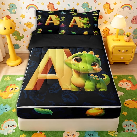 Homewish Kids Dinosaur Zipper Twin Comforter Sets with Fitted Sheet and 2 Pillowcases for Boys Girls, Dino Letter A Zipper Bedding Set,4-Piece, Black Reversible