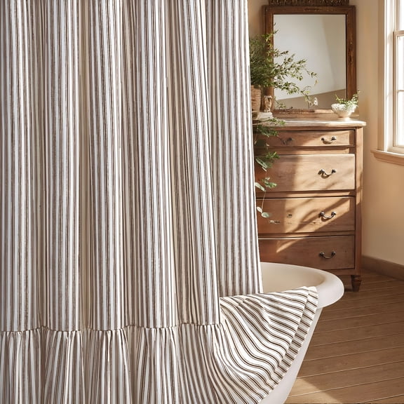 AUQ Farmhouse Shower Curtain with Ruffle Hem Linen Shower Curtains for Bathroom Country Vintage Rustic Natural Fabric,Cream-Brown Stripe 72"W X 72"L