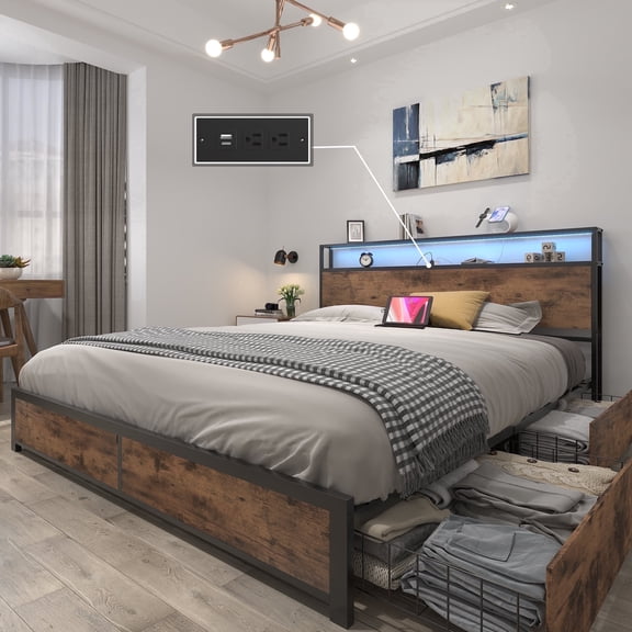 Lifezone Queen Bed Frame with Headboard Platform Bed with Charging Station & LED, 4 Storage Drawers, Metal Support, Vintage Brown