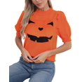 thumbnail image 3 of Pumpkin Ghost Face Graphic Sweaters for Women Halloween Day Crew Neck Pullover Sweater Cute Puff Short Sleeve Juniors Girls Sweater Blouse Shermie, 3 of 6