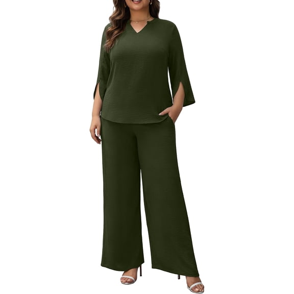 AURA Plus Size Pants Suits for Women Dressy 2 Piece Sets with 3/4 Sleeve Top Wide Leg Pants for Work & Daily Wear