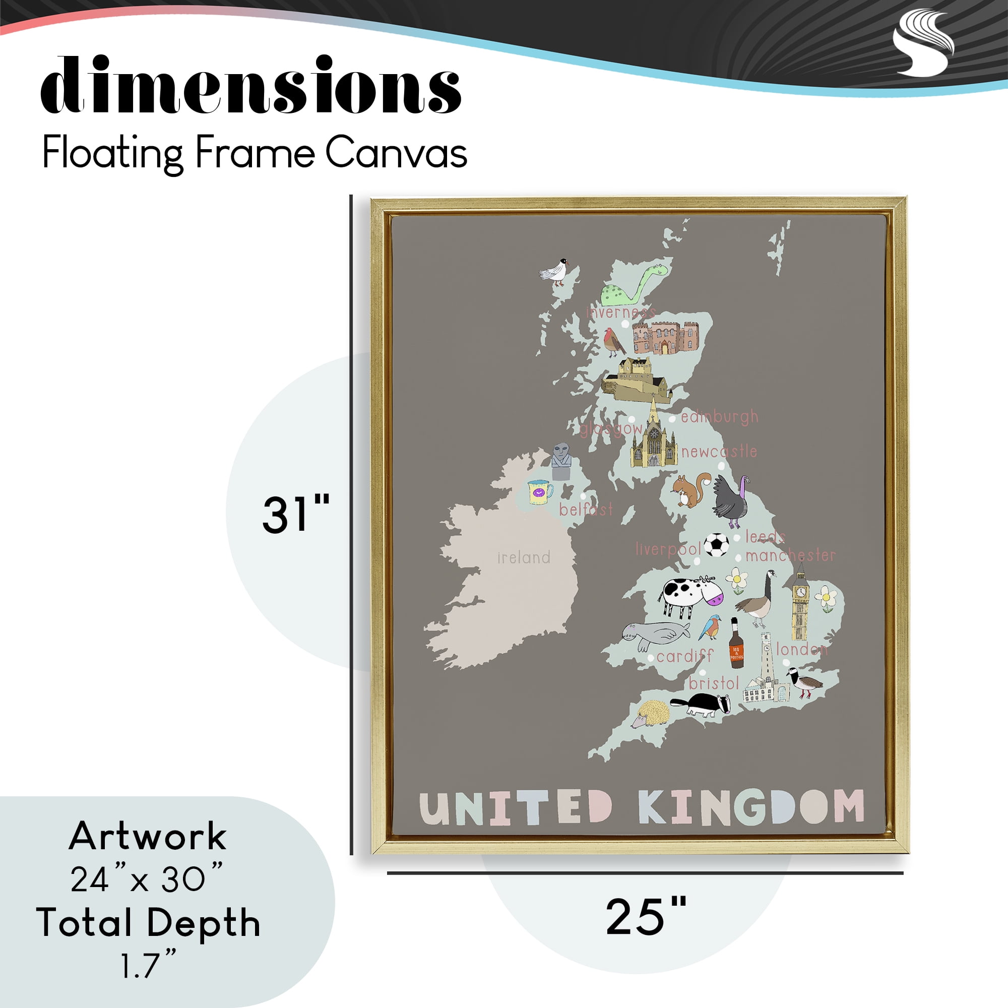 Kid's Map of United Kingdom Gold Framed Floater Canvas Wall Art, design by Carla Daly