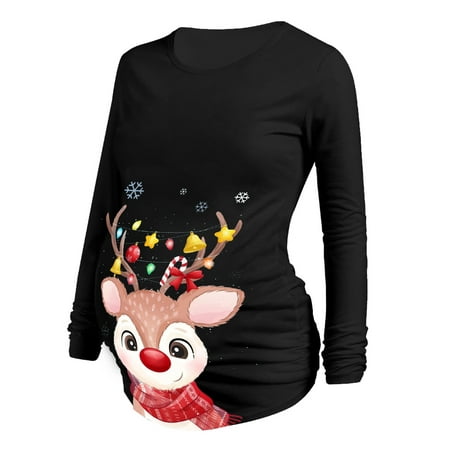 

Maternity Tops Christmas Maternity Long Sleeve Cartoon Deer Printed Ruched T-shirt Tops Pregnancy Blouse Black L