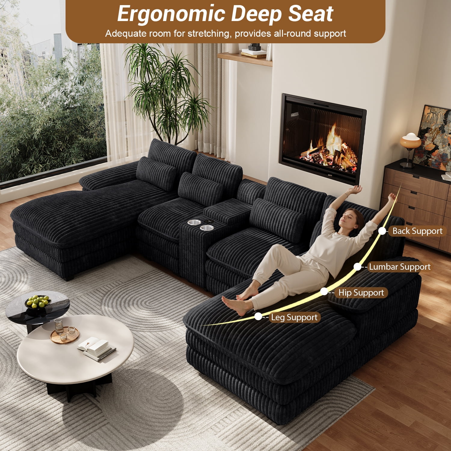 Wiilayok 133" U Shaped Cloud Couch Modular Sectional Couches for Living Room Comfy Corduroy Deep Seat Sofa Set with Double Chaise Lounge, Storage Central Console, Cup Holders, USB Port, Black