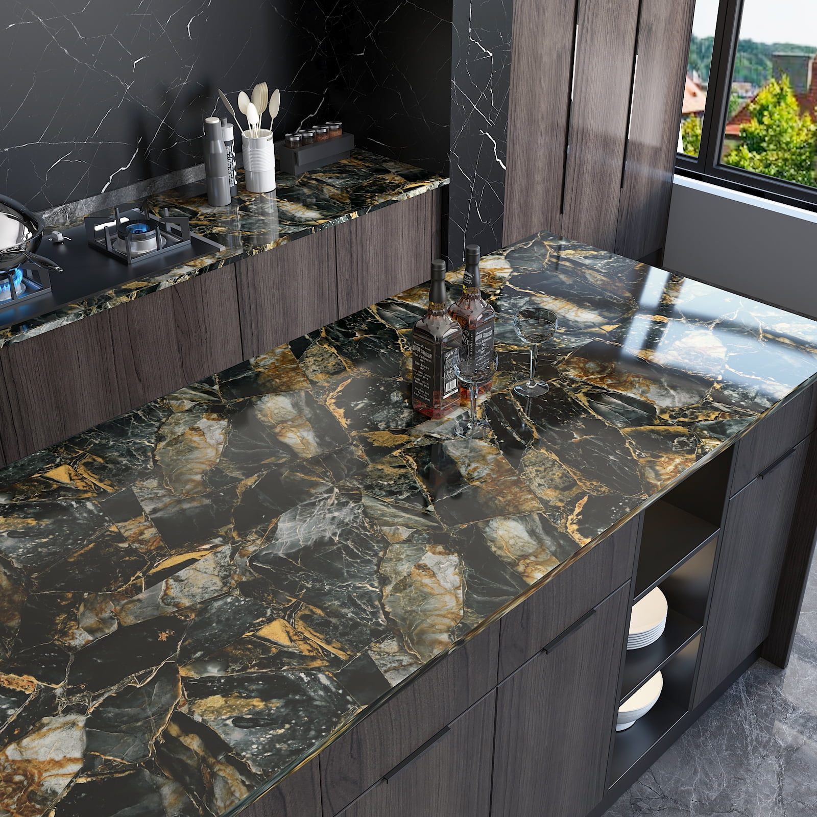 CHIHUT Black Gold Mable Peel and Stick Countertop 17.7"x236" Self Adhesive Marble Wallpaper Waterproof