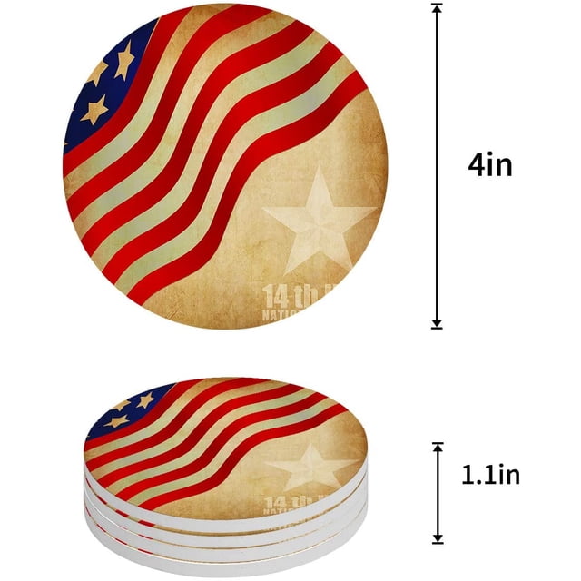RYLABLUE Indépendance Jour Drapeau Américain Set de 6 Coaster Rond pour les Boissons, Absorbant en Céramique Coasters en Pierre Tapis de Tasse avec Base en Liège pour la Maison Cuisine Salle Café Table Bar Décor