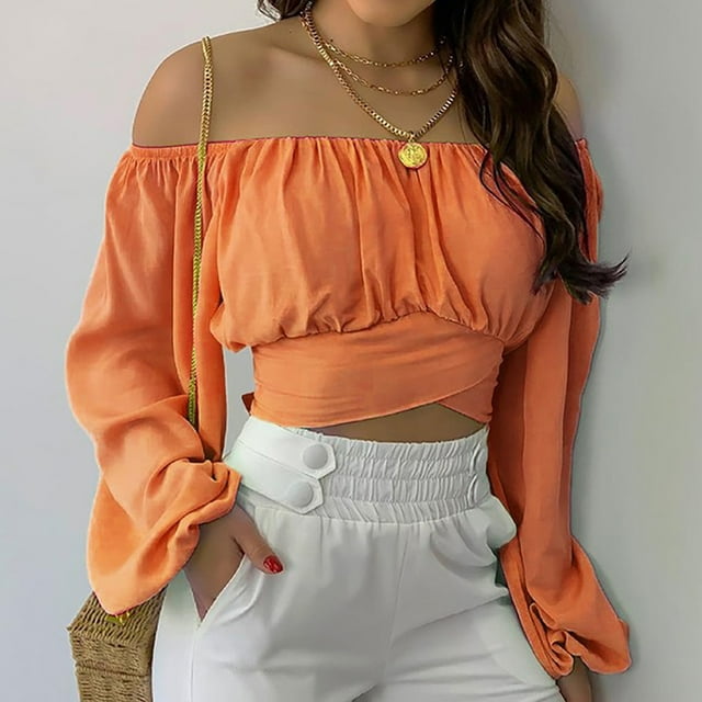 Blusa con hombros descubiertos y fruncido, blusa con hombros descubiertos para mujer, blusa con mangas abullonadas, blusa con hombros descubiertos, diseño elevado
