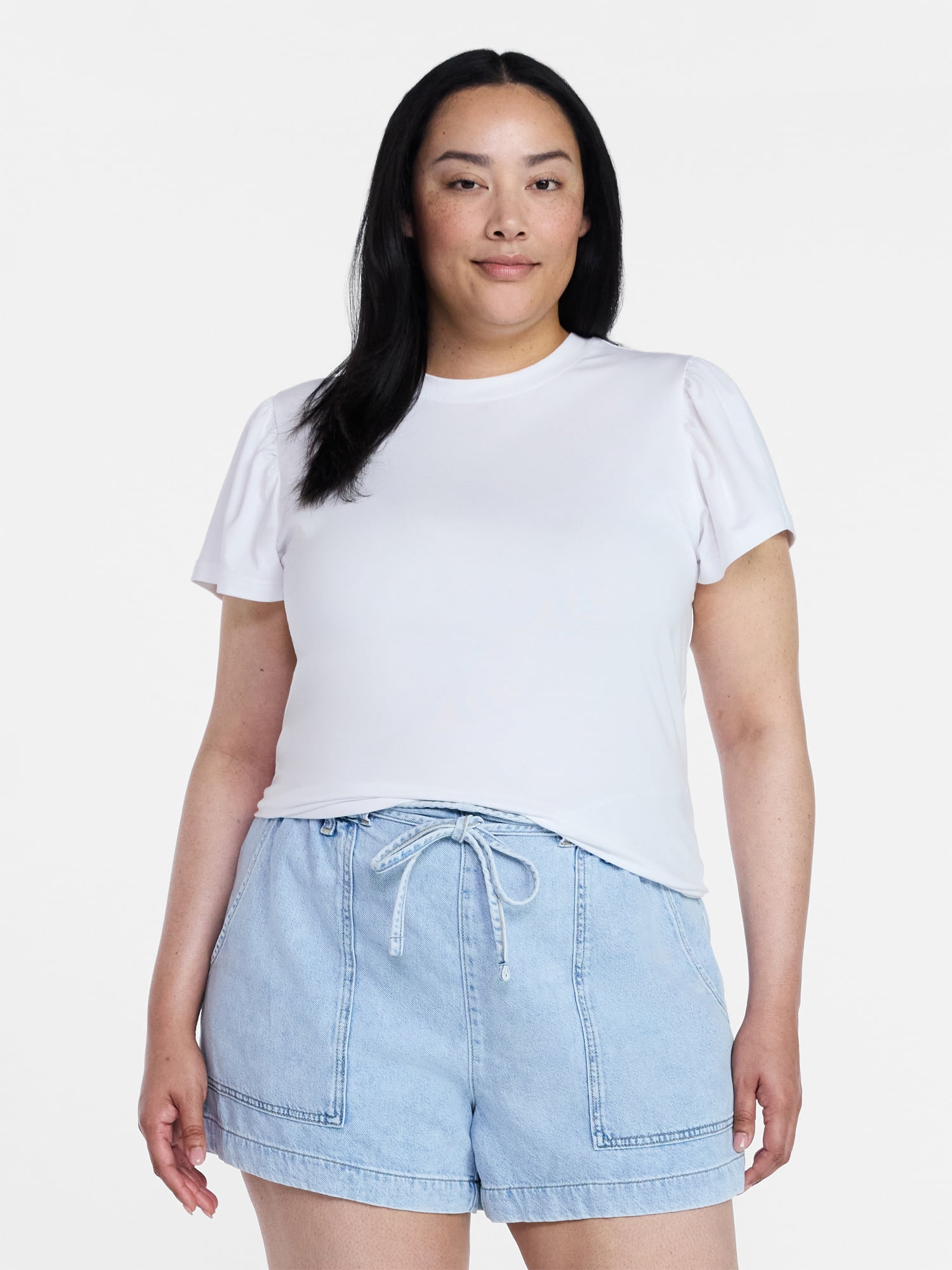 Time and Tru Women's Crewneck Top with Short Flutter Sleeves, Sizes XS-XXXL