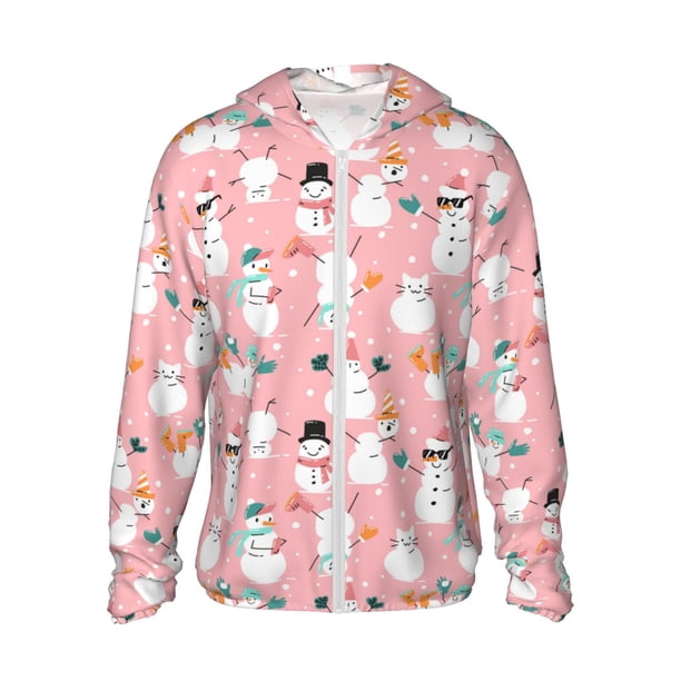 Balery Cute Pink Snowman Cat Sudadera ligera de manga larga con capucha y protección solar UPF 50+ para hombre y mujer, ideal para pesca y running-3X-Large