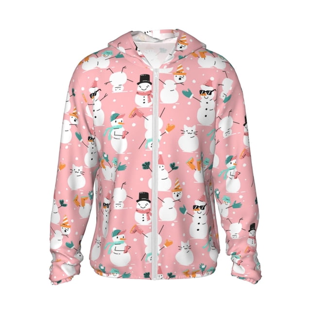 Balery Cute Pink Snowman Cat Sudadera ligera de manga larga con capucha y protección solar UPF 50+ para hombre y mujer, ideal para pesca y running-Small