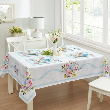 Newbridge Square Fabric Tablecloth for Summer Party, 52 x 52 Inch, Cottage Rose, Wrinkle and Stain Resistant Fabric Floral Table Cover, Pink and Blue Flowers with Blue Stripe Border