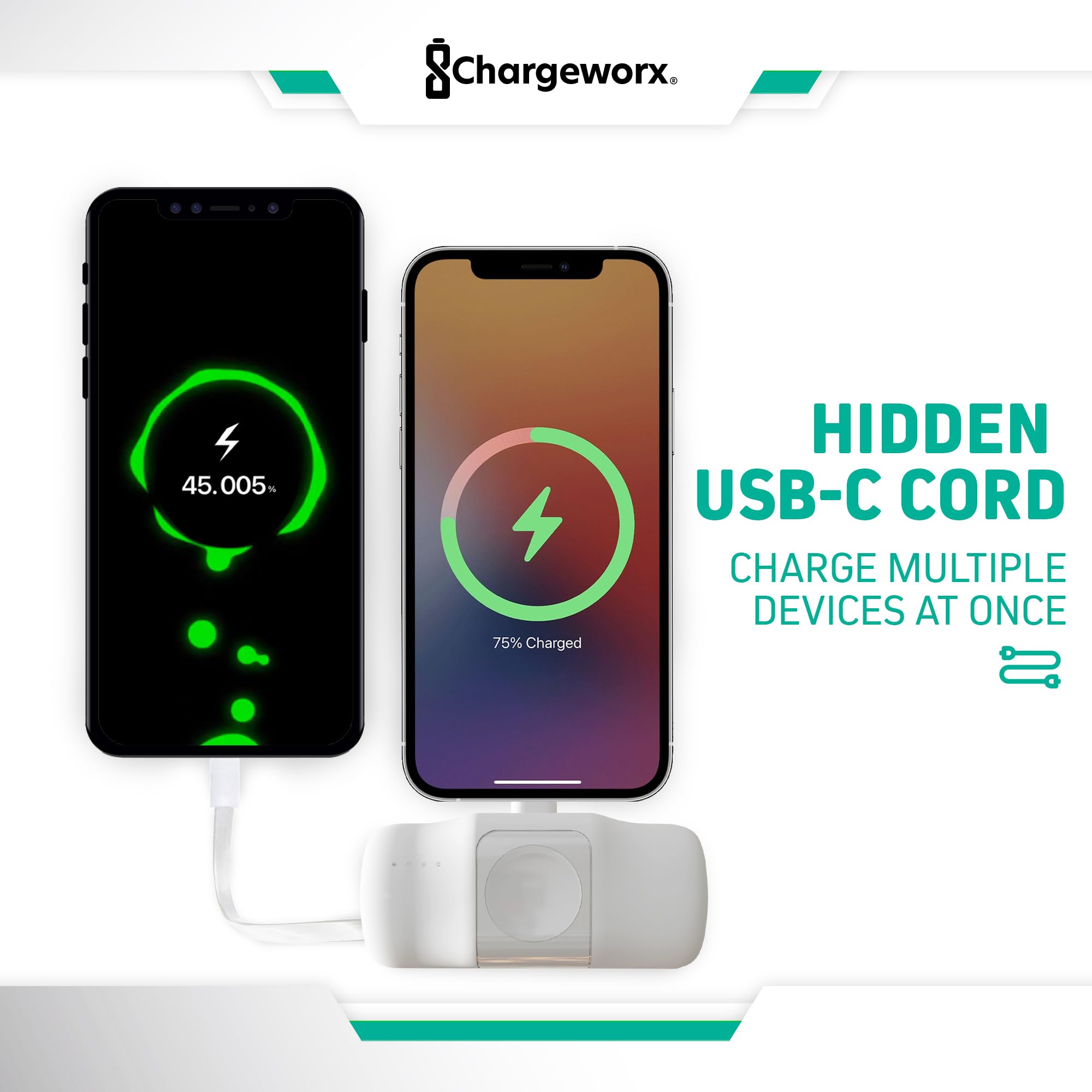 CHARGEWORX 3 in 1 Portable Charger Power Bank for iPhone, USB-C Devices, Smart Watch, 5000mAh Battery, Ultra Compact, Fast Charging Travel Charger, LED Battery Indicator (white)
