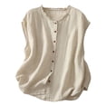 thumbnail image 2 of Débardeur Uni pour Femme, Chemise Sans Manches Oversize à Boutons, Blouse Décontractée à Encolure Plissée, Haut d'Été Coupe Ample à Col Rond, Débardeur d'Été Oversize, Haut à Encolure Plissée Beige TTG, 2 of 6