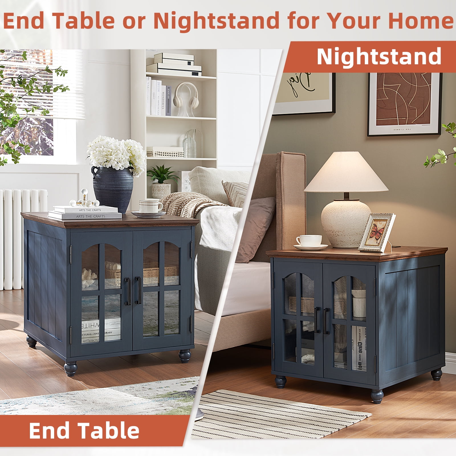 Farmhouse End Table with Charging Station, 24" Large Sofa Side Table, Glass Barn Door, Adjustable Storage Shelf, Rustic Wood Square Nightstand for Living Room, Bedroom, Office - Blue