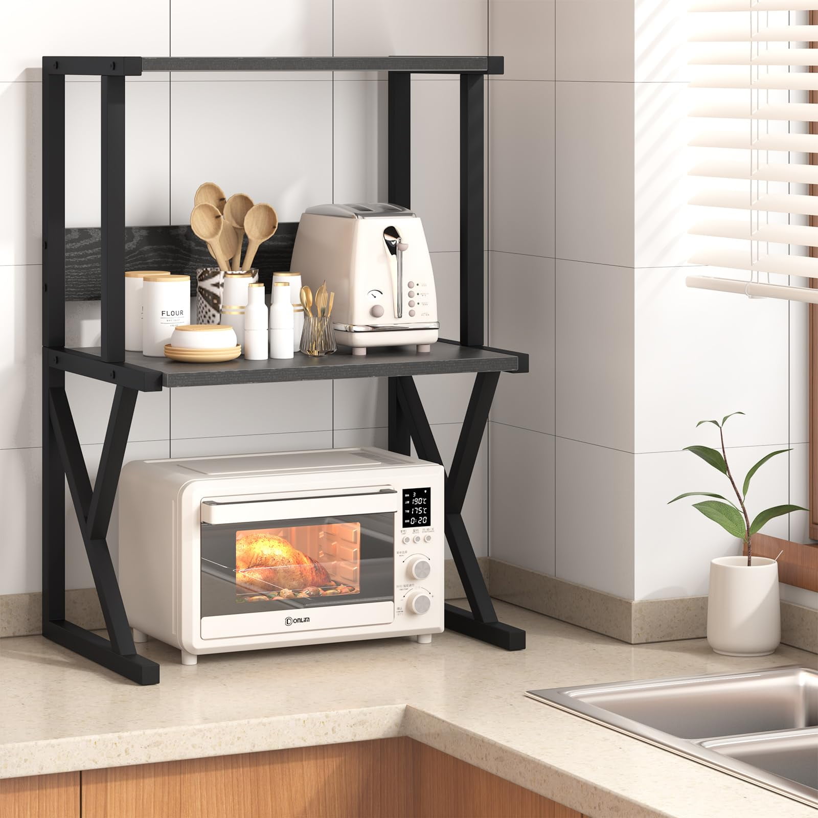 Desktop Printer Stand with 3 Tier Wood Storage Shelves,Under Desk Printer Table,Multi-Purpose Home Office Desk Organizer for Fax Machine, Scanner (Black)