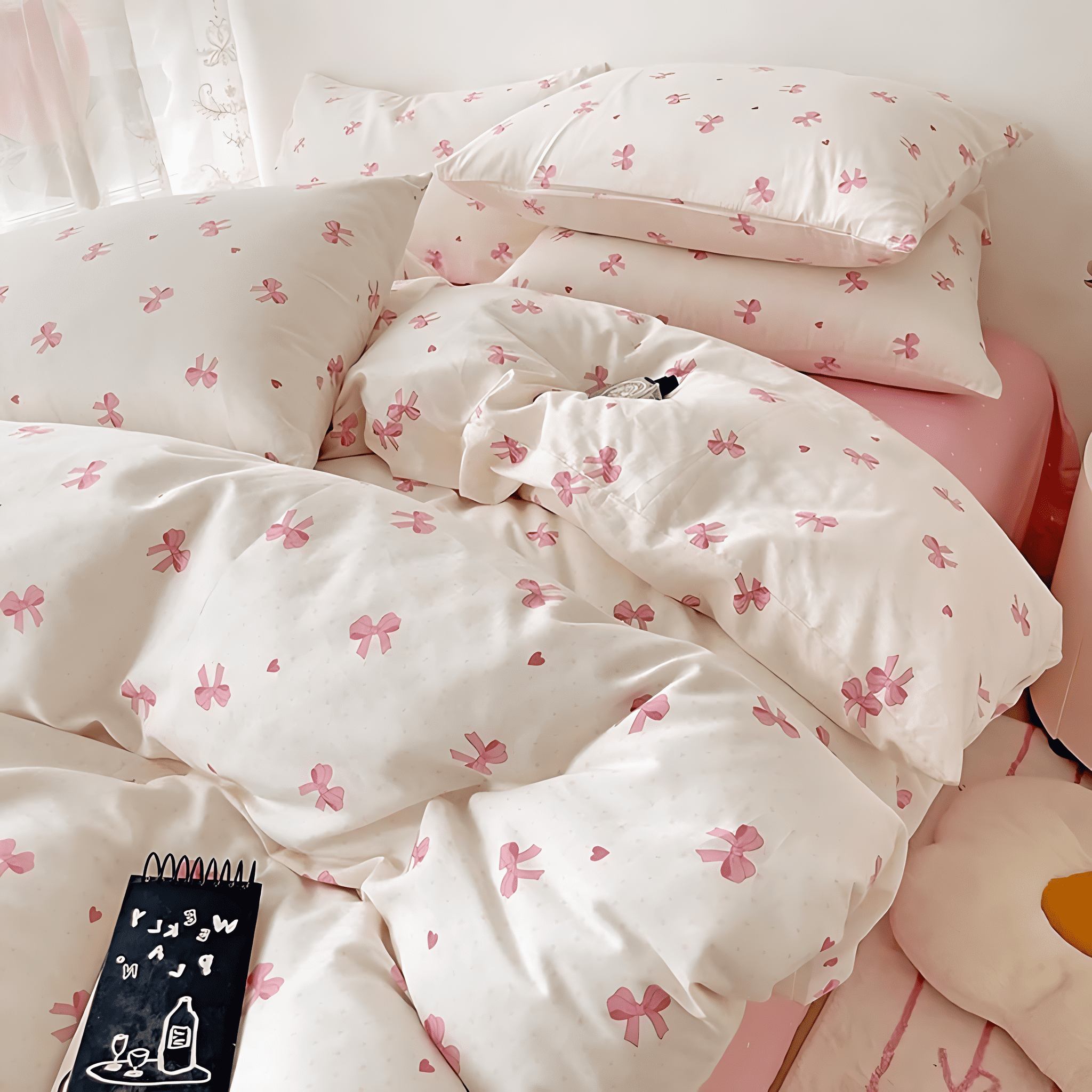 2 Pieces Cartoon Pink Bowknot Pattern on White Duvet Cover Set Boys Girls Teens Gentle Soft Home Cozy and Breathable Bedding Set,Twin Size