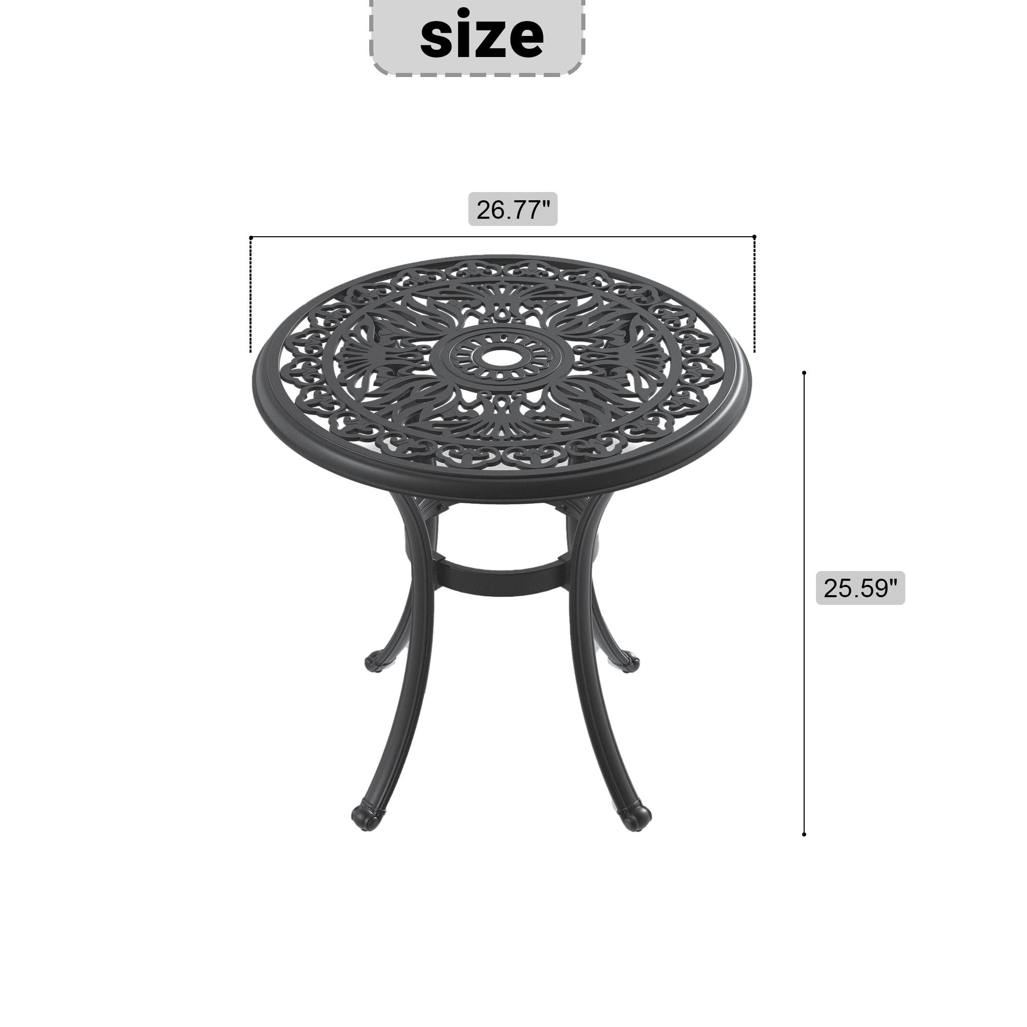 Round Cast Aluminum Patio Dining Table with Black Frame and Umbrella Hole for Garden Deck, Black