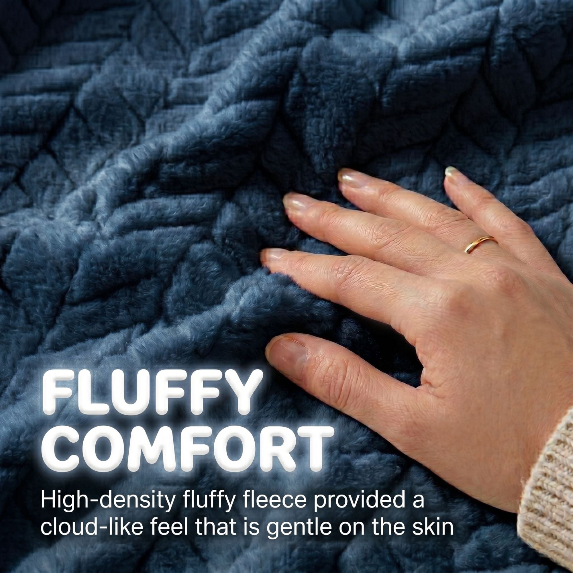 Superior Hope Herringbone Fluffy Fleece Blanket, Full Queen Size, Navy Blue