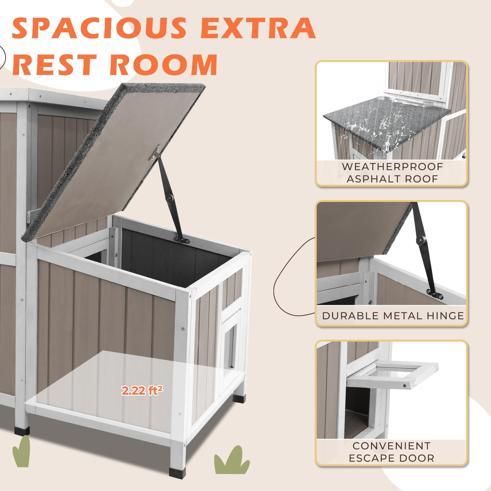 Gowoodhut 36.1" L Outdoor Cat House, 2 Story Wooden Outdoor Cat Shelter with 3 Escape Doors