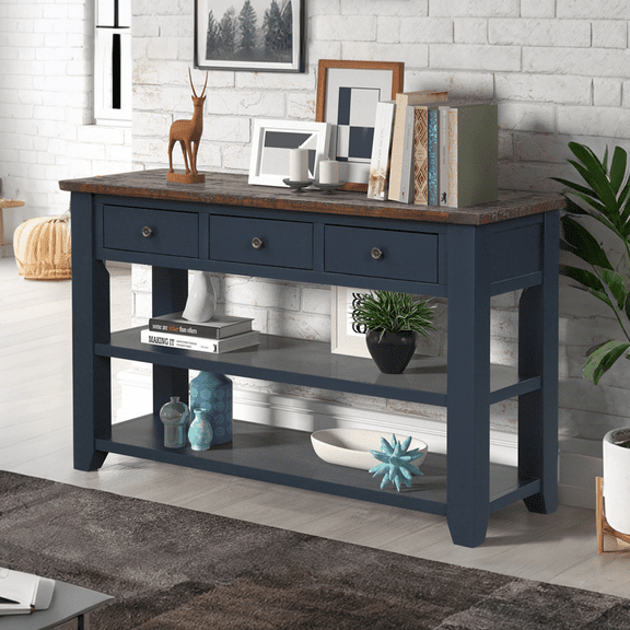 48'' Wood Console Table, Farmhouse Entryway Table with 3 Storage Drawers and 2 Shelves,Entry Table for Living Room,Hallway,Entryway,Kitchen(Vintage Blue)