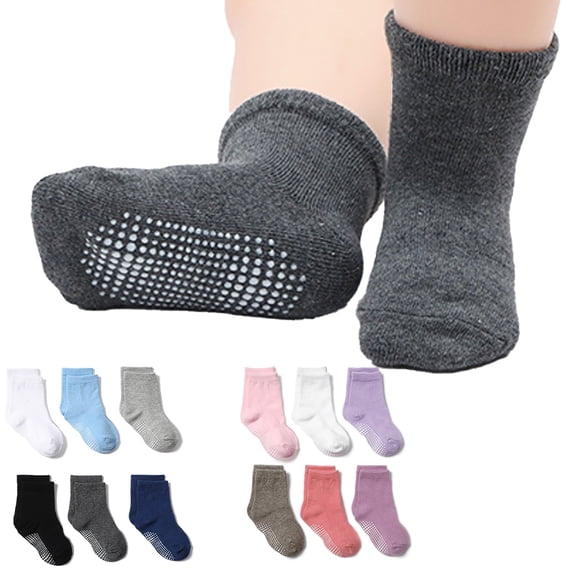 HAOYUNL Kids Toddlers Infant Socks Baby Non Slip Cotton Solid Color Breathable Socks 6 Pairs for Boy Girls 1M-7Year