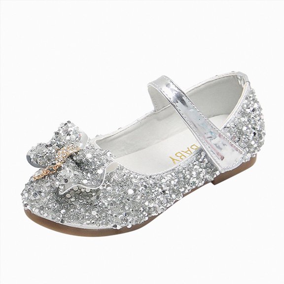 Toddler Kids Girls Sparkle Princess Dress Shoes Bow Wedding Party Flower Comfortable Mary Jane Glitter Ballet Flat Shoes Silver Size 8 Toddler