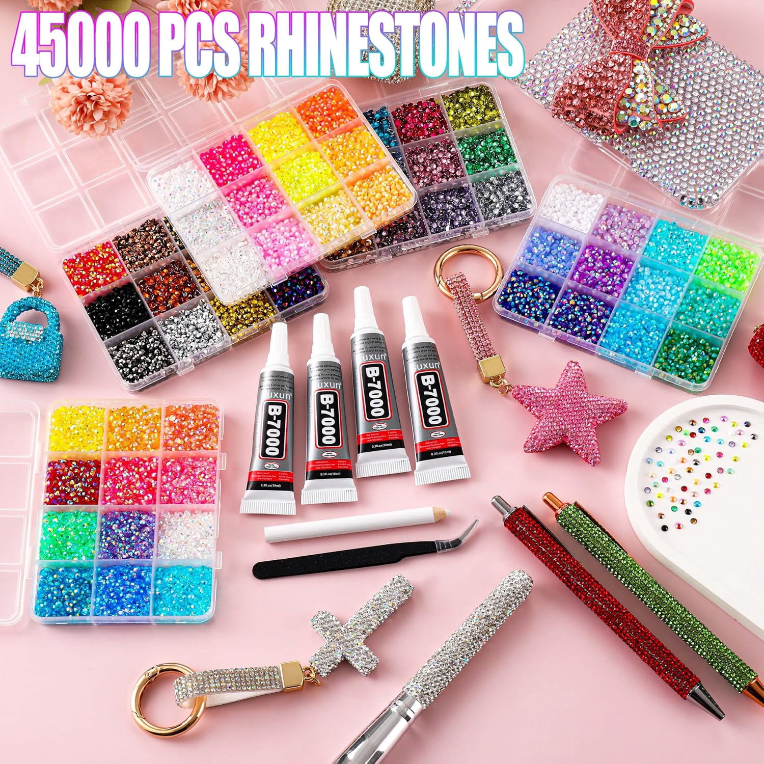 24000Pcs Bedazzling Kit for 60 Colors Rhinestones with 5 Box Diamond Art, 4mm Flatback Gems with 4×10ml B7000 Jewelry Glue Tweezers & Pickup Pen, Perfect for Nail Art, Crafting, Clothing