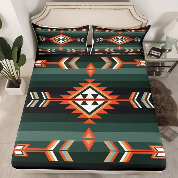 Southwestern Geometric Bed Sheets Western Aztec Fitted Sheet Boho Exotic Tribal Bedding Set Full Rustic Farmhouse Home Decor Bohemian American Bed Cover 2 Pillow Cases（No Top Sheet)