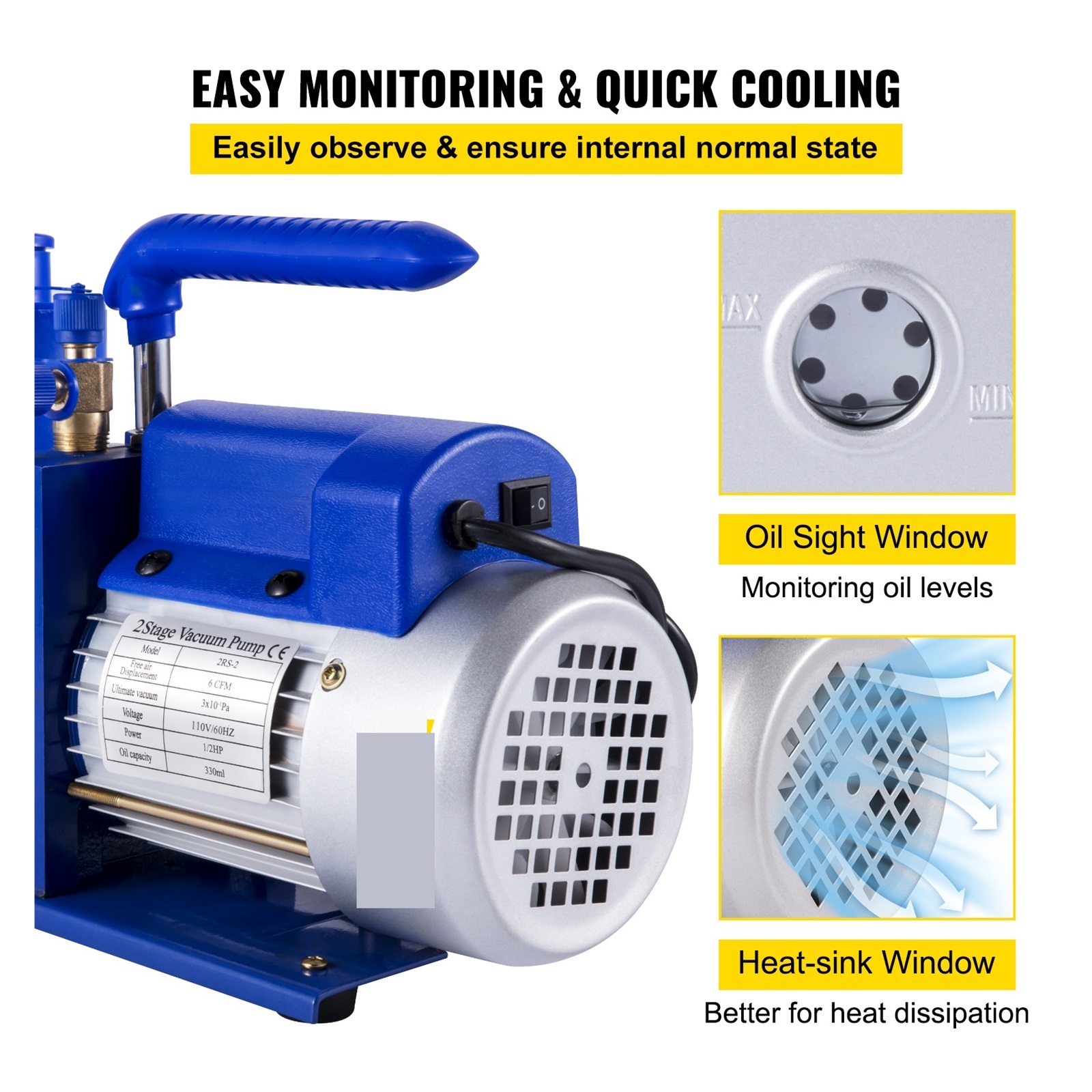 Refrigerant Vacuum Pump 6CFM-10CFM Double Stage HVAC For Household Air Conditioning Cleaning Auto Repair Vacuum Packaging ,Outstanding Oil Inlet System