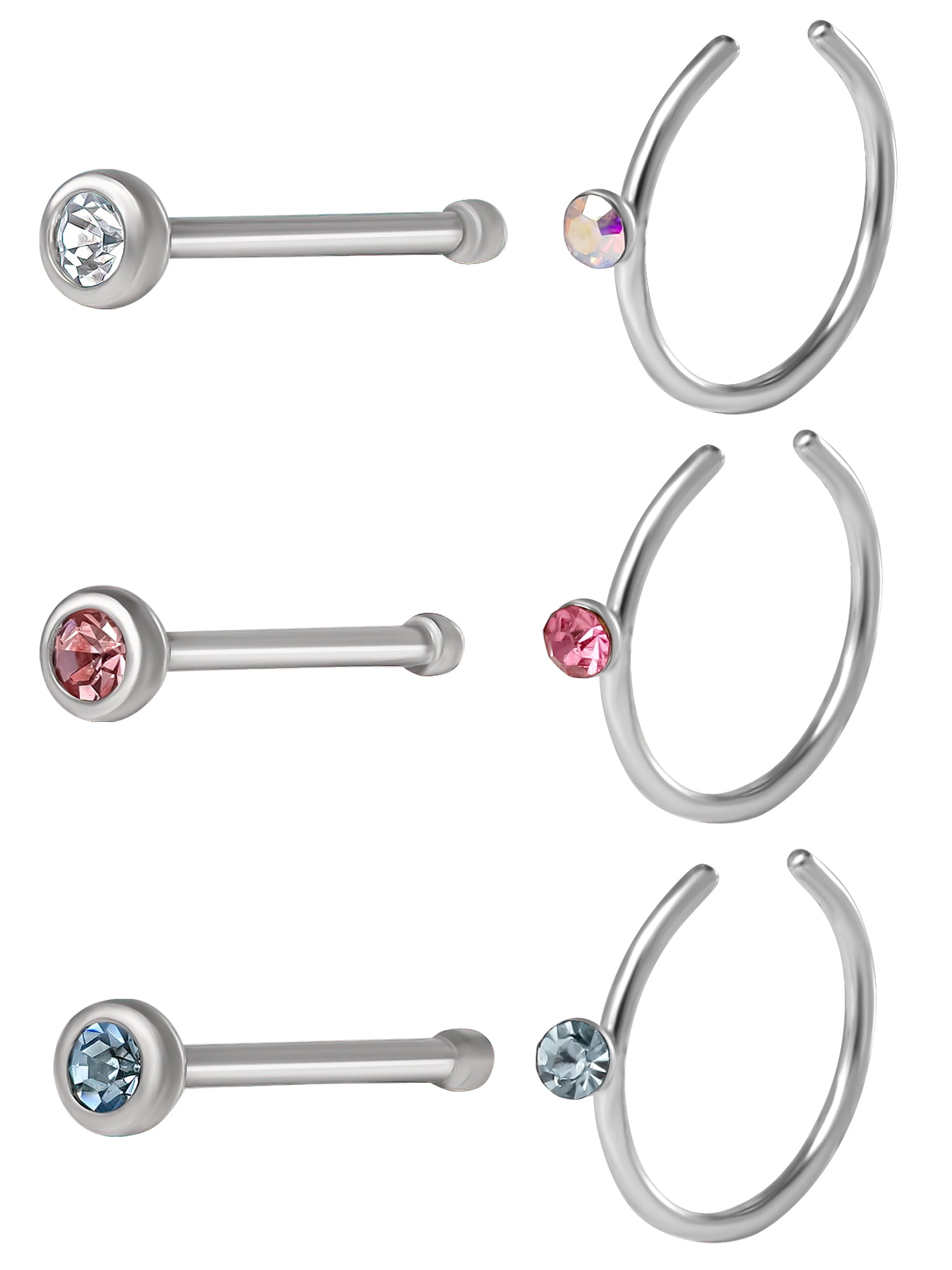 Body Jewelry Women's 16G Surgical Steel Crystal Nose Studs and Hoops, 6 Pack in Mixed Colors