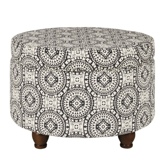 Benzara Upholstered Fabric & Wood Ottoman with Bun Feet in Cream/Black