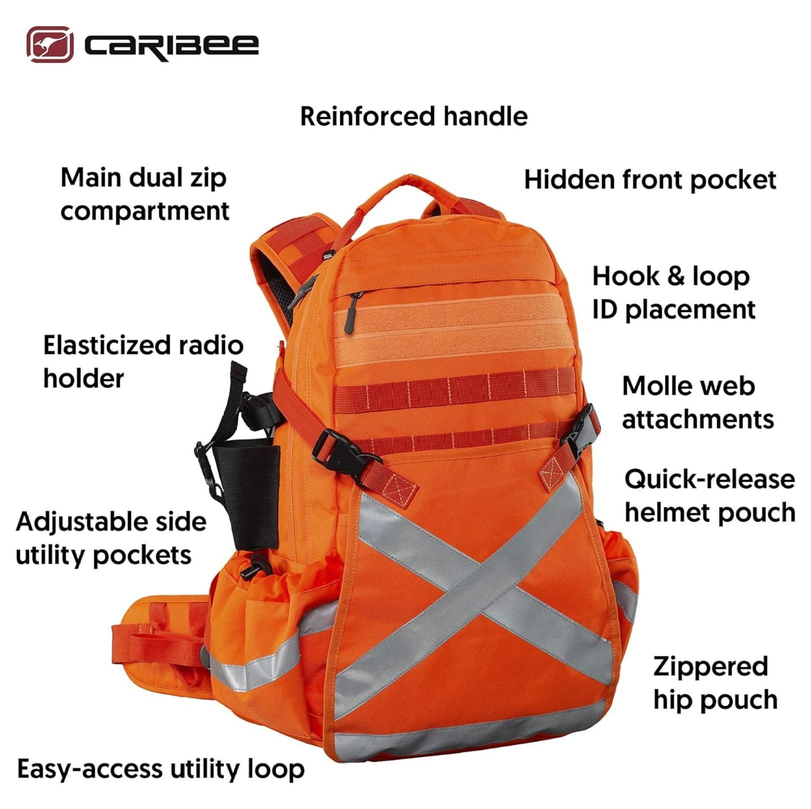 Mineral King Hi Vis Backpack - Orange Reflective Backpack with Adjustable Hard Hat Holder, Bottle Holders and Hydration Resevoir Compartment
