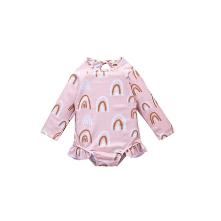 

Canrulo Summer Kids Girl Swimsuit Cute Rainbow Print Long Sleeve Swimwear Tankini Beachwear Pink 6-12 Months