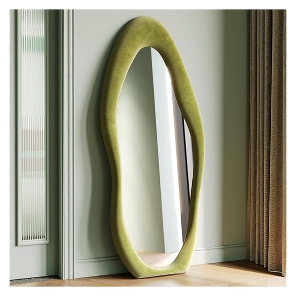 Full Length Mirror, 63" x 24" Wall Mirror, Flannel Wrapped Wooden Frame Floor Mirror, Irregular Wavy Mirror Hanging or Leaning Against Wall for Cloakroom/Bedroom/Living Room, Green