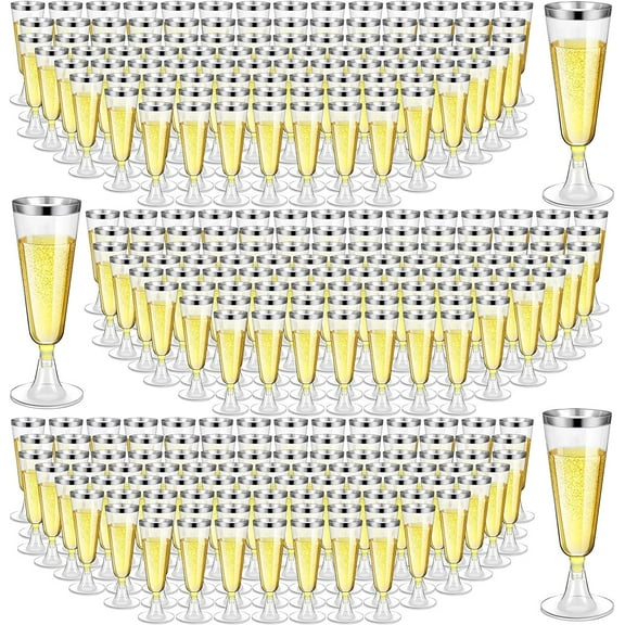 Gerrii 300 Pcs Plastic Champagne Flutes Bulk, 4.5 oz Clear Disposable Champagne Flutes, Rimmed Toasting Glasses for Wedding Birthday Anniversary Celebration Party Wine(Silver Rim)